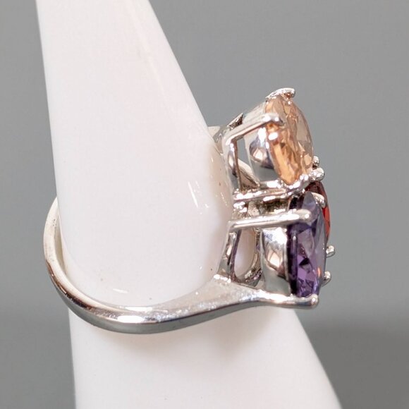 Triple Stone Ring Red Purple Birthstone Cocktail Silver Tone Size 7 - Picture 2 of 5